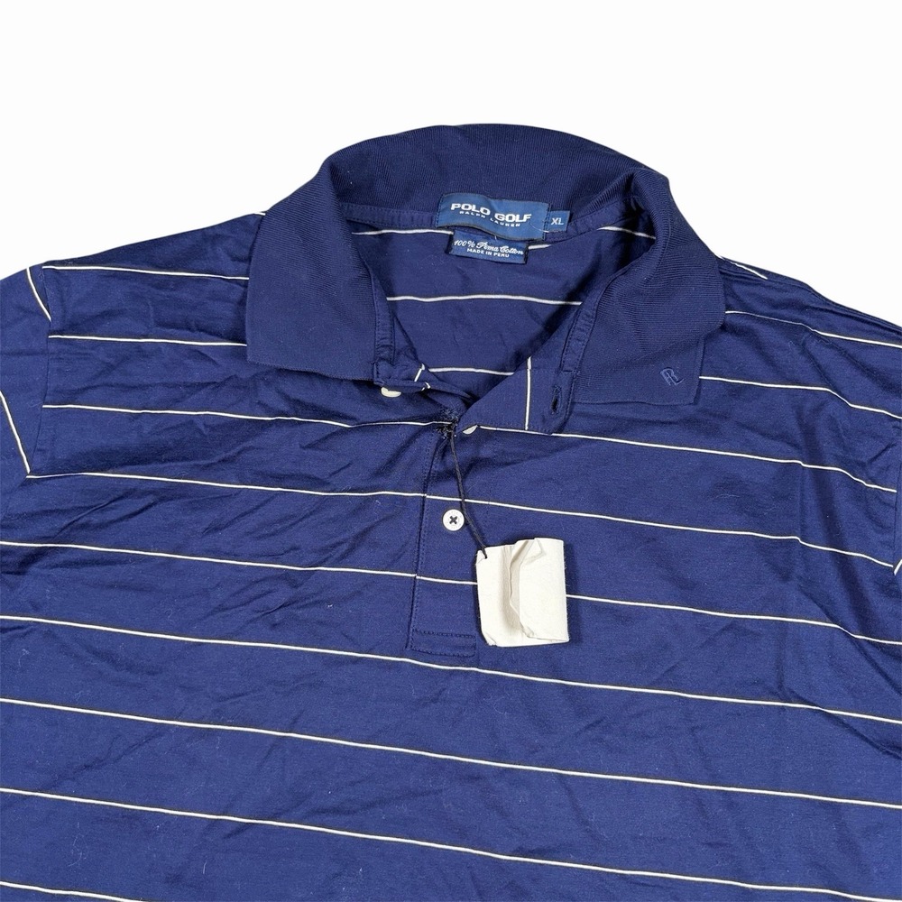 VTG Polo Golf Ralph Lauren Mens Navy Blue Stripe Pima Cotton Polo Shirt XL NWT